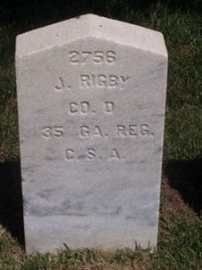 Headstone for Pvt. John Rigby, Co. D, 35th Georgia Infantry Regiment, Woodlawn National Cemetery at Elmira NY