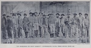 Confederate Prisoners at Point Lookout, Maryland with tall wooden fence in background.